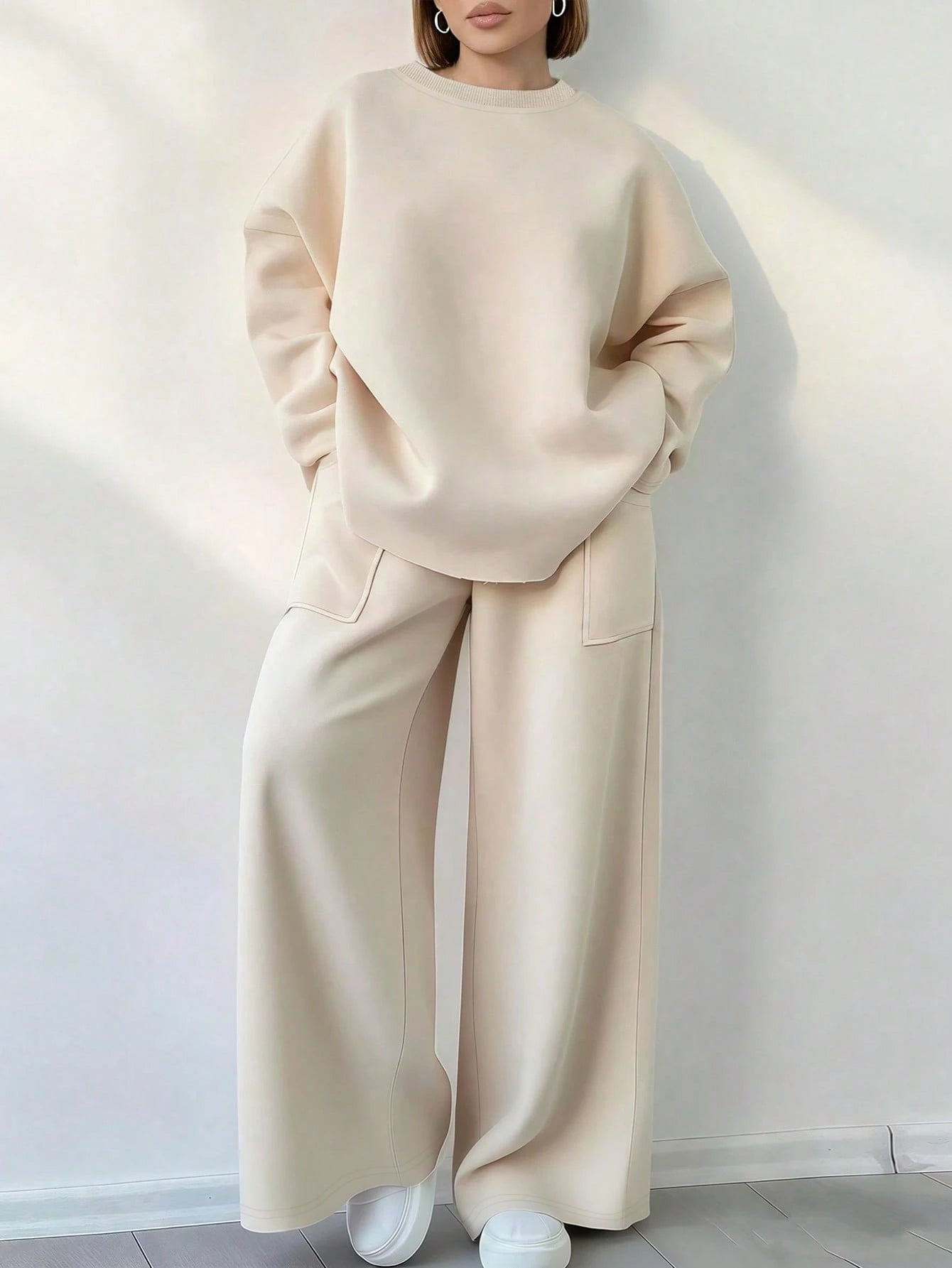 Elevate Your Everyday Style with the EMERY ROSE Plus Size 2-Piece Set: Casual Round Neck Top and Comfy Pants in Khaki