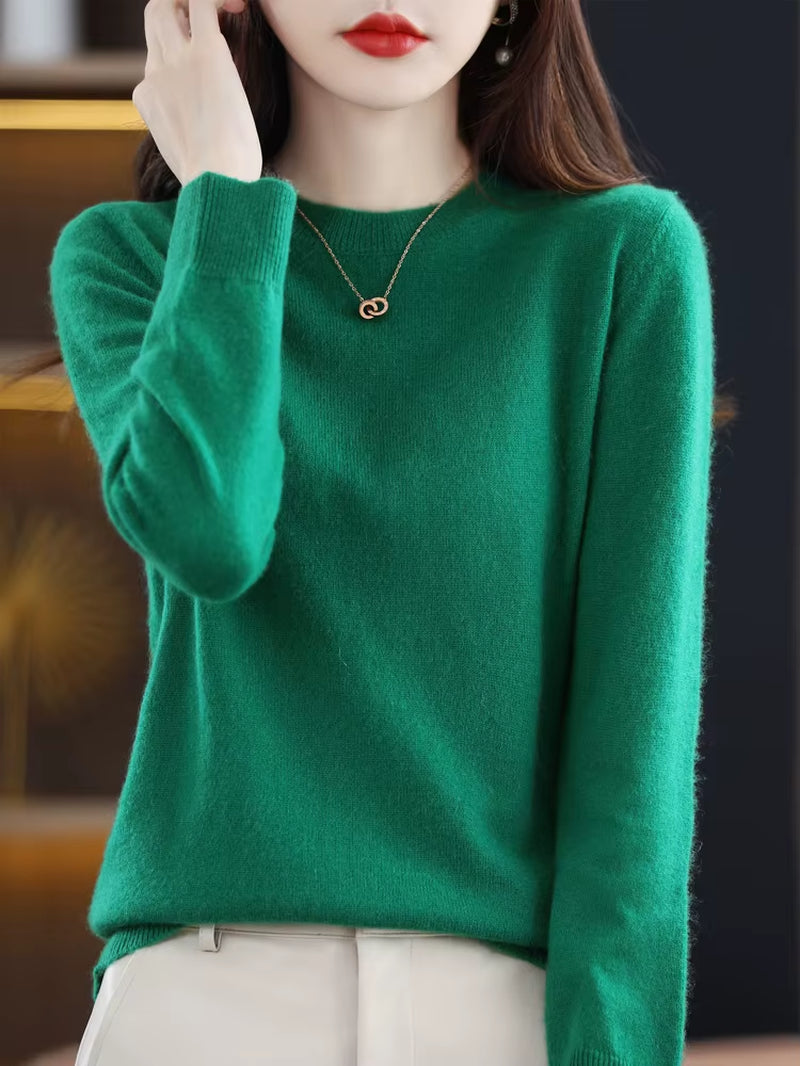 Fashion 100% Merino Wool Women'S Sweater O-Neck Long Sleeve Pullover Spring Autumn Winter Basic Jumper Clothing Knitwear Tops