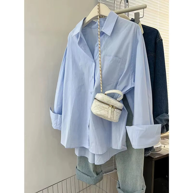 Blue Women'S Shirt Jacket Spring Autumn Loose Long Sleeve Casual Layering Top Small Size Design Sense Pure Color Button Up