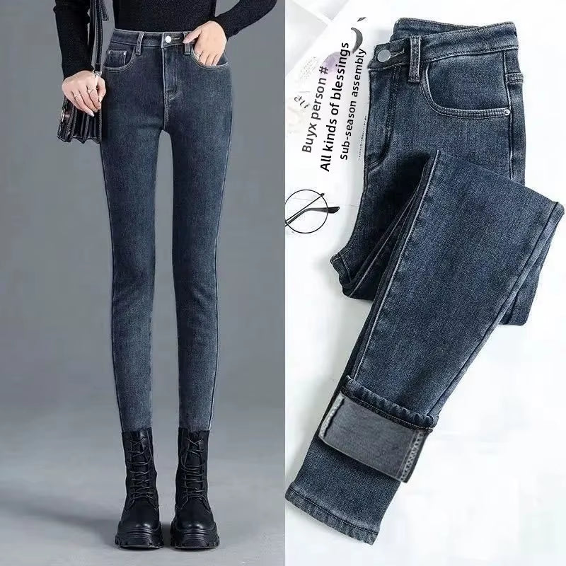 Women'S High Waist Fleece Lined Slim Fit Jeans Elastic Ankle Length Pencil Pants Trendy Spring Autumn Winter New Arrival