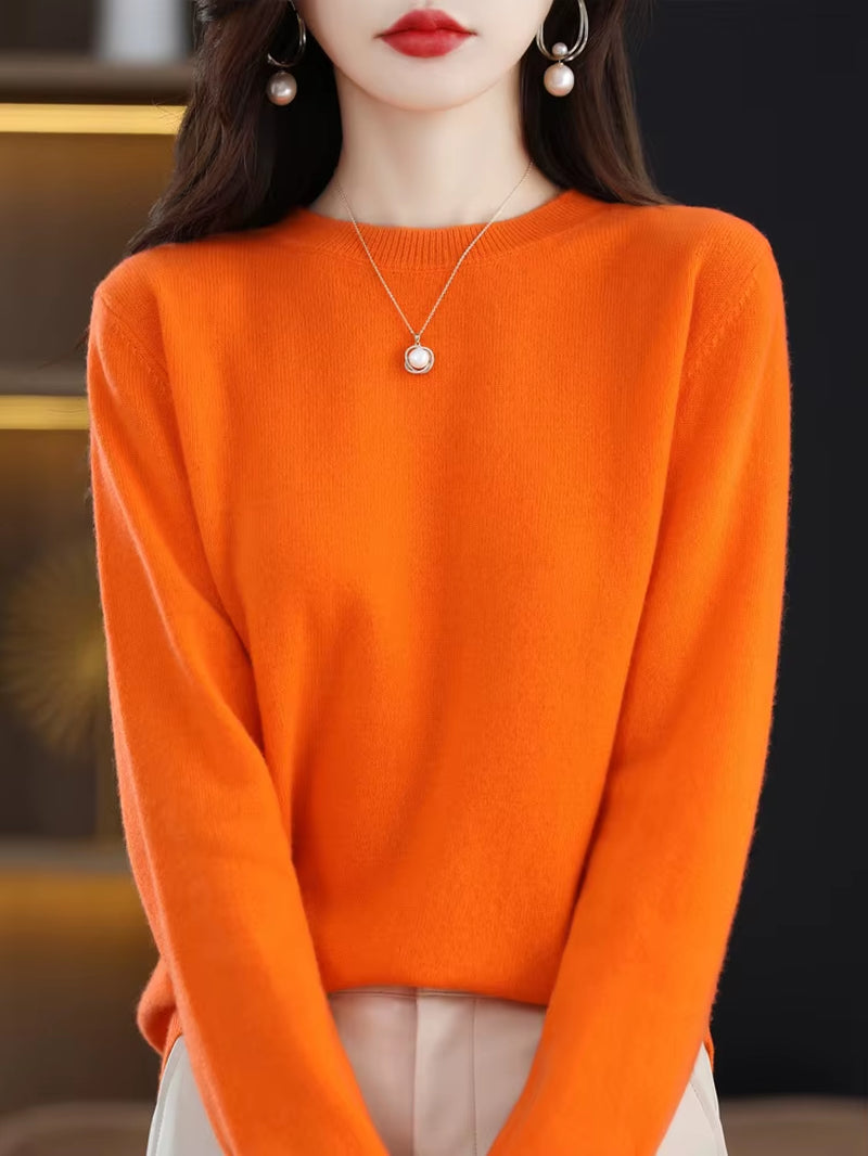 Fashion 100% Merino Wool Women'S Sweater O-Neck Long Sleeve Pullover Spring Autumn Winter Basic Jumper Clothing Knitwear Tops
