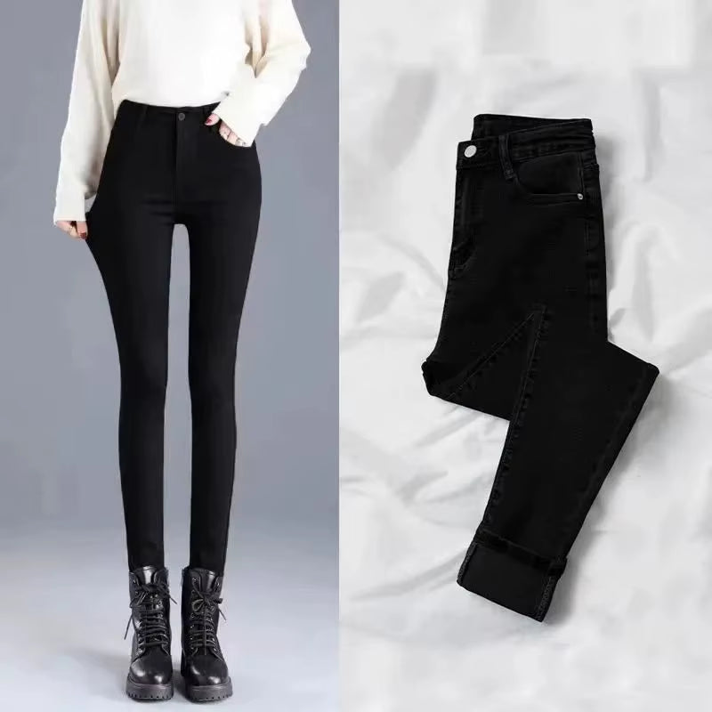 Women'S High Waist Fleece Lined Slim Fit Jeans Elastic Ankle Length Pencil Pants Trendy Spring Autumn Winter New Arrival