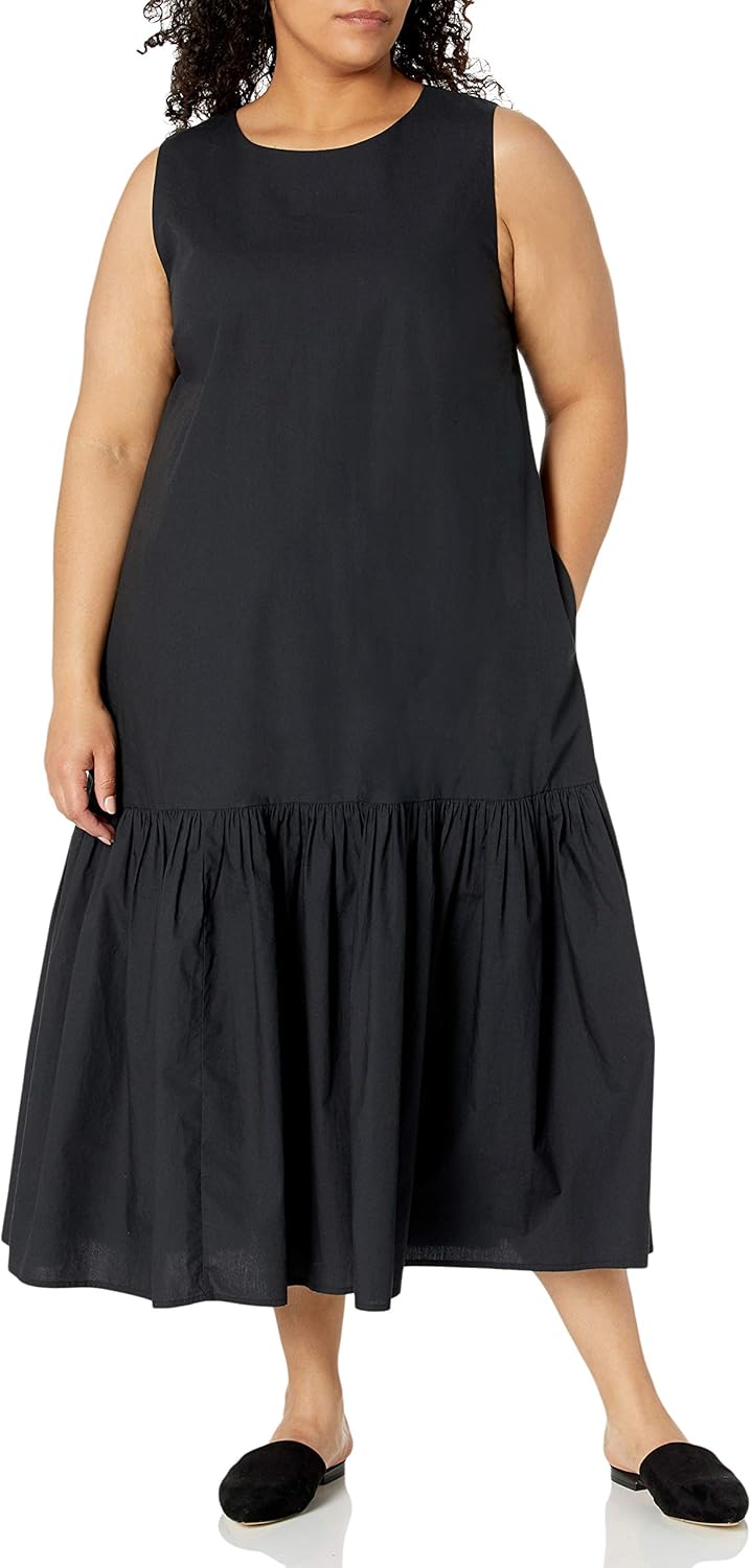 Effortlessly Chic: Womens Ilana Loose Sleeveless Wide-Hem Poplin Maxi Dress in Elegant Black