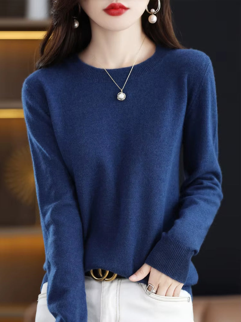 Fashion 100% Merino Wool Women'S Sweater O-Neck Long Sleeve Pullover Spring Autumn Winter Basic Jumper Clothing Knitwear Tops