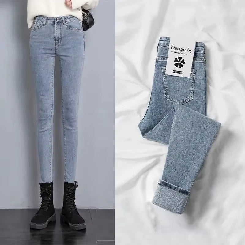 Women'S High Waist Fleece Lined Slim Fit Jeans Elastic Ankle Length Pencil Pants Trendy Spring Autumn Winter New Arrival