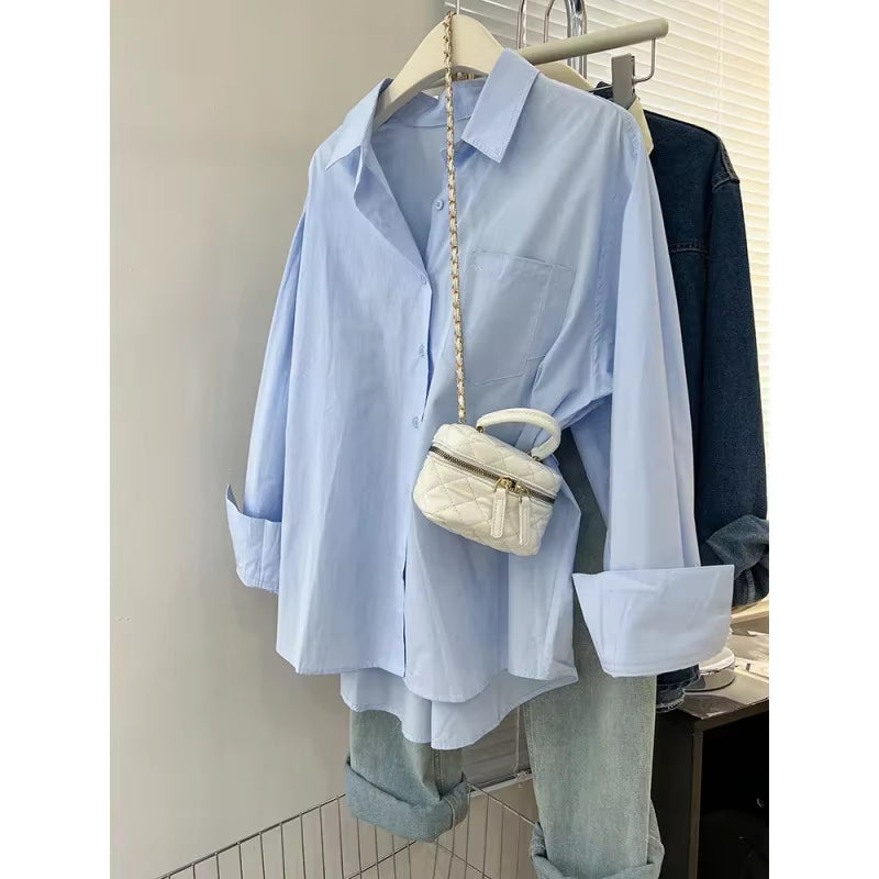 Blue Women'S Shirt Jacket Spring Autumn Loose Long Sleeve Casual Layering Top Small Size Design Sense Pure Color Button Up