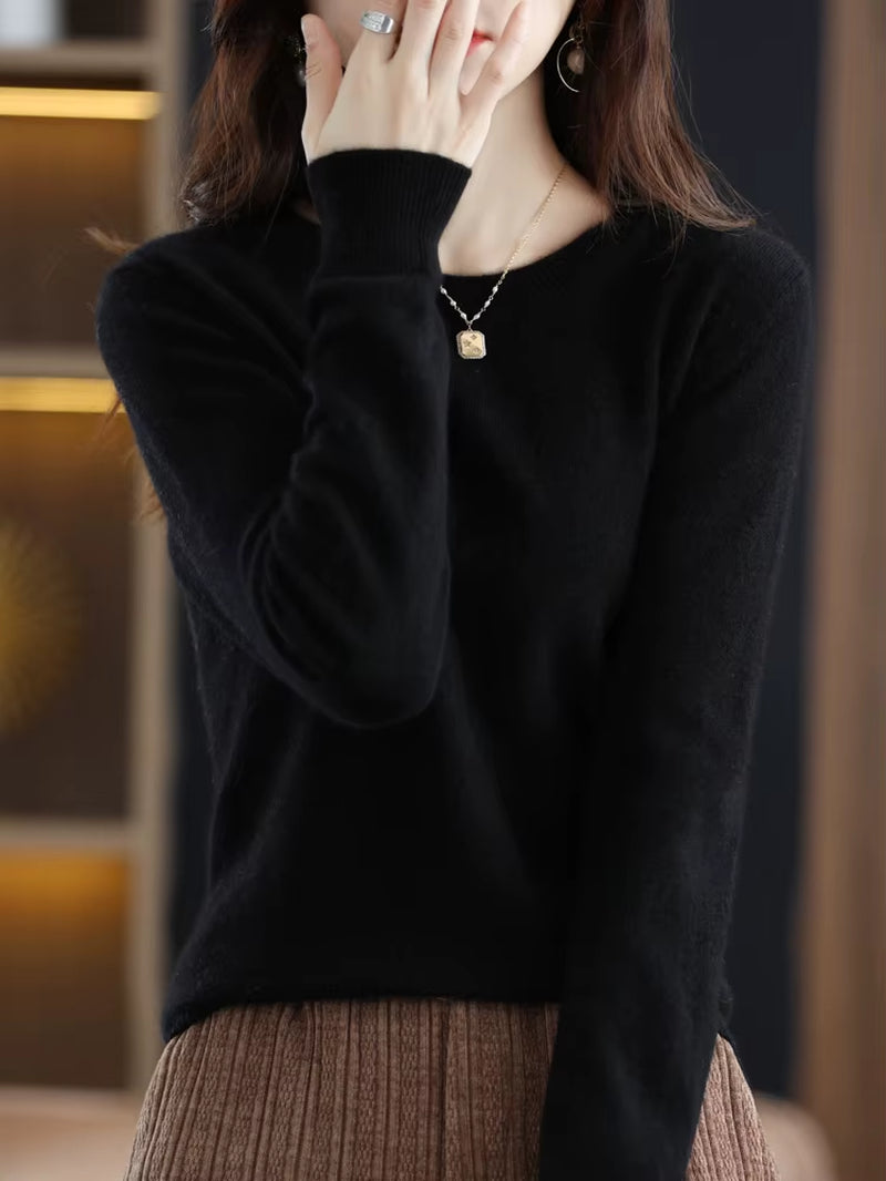 Fashion 100% Merino Wool Women'S Sweater O-Neck Long Sleeve Pullover Spring Autumn Winter Basic Jumper Clothing Knitwear Tops