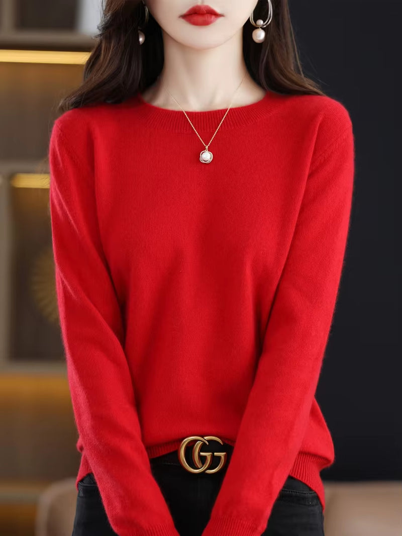 Fashion 100% Merino Wool Women'S Sweater O-Neck Long Sleeve Pullover Spring Autumn Winter Basic Jumper Clothing Knitwear Tops
