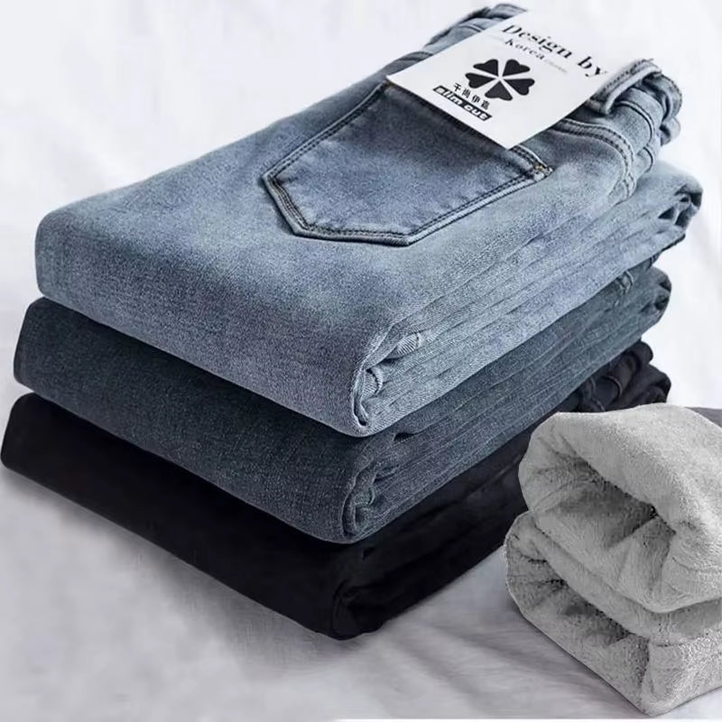 Women'S High Waist Fleece Lined Slim Fit Jeans Elastic Ankle Length Pencil Pants Trendy Spring Autumn Winter New Arrival