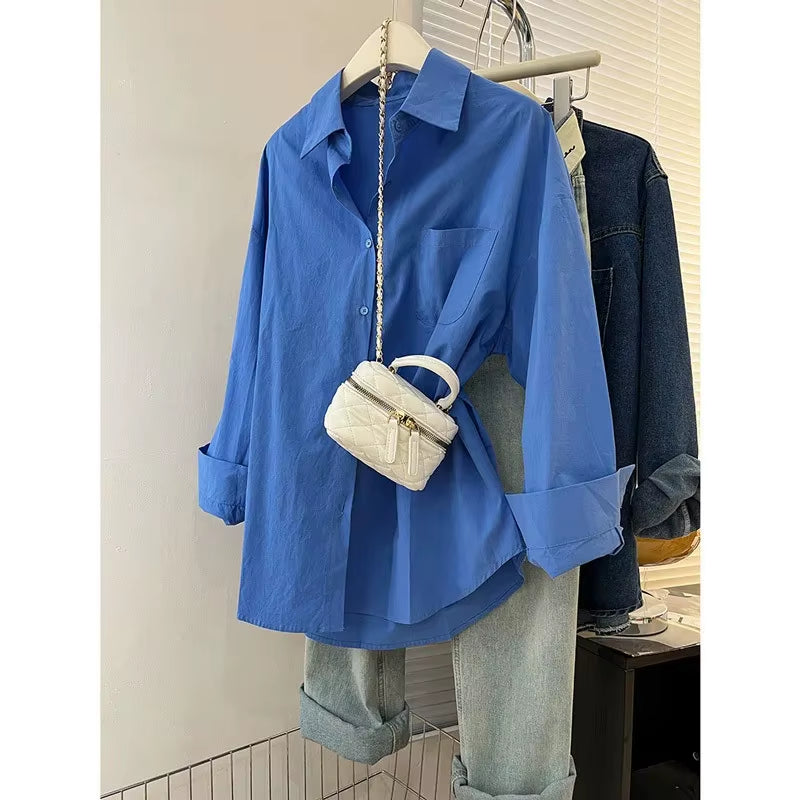 Blue Women'S Shirt Jacket Spring Autumn Loose Long Sleeve Casual Layering Top Small Size Design Sense Pure Color Button Up