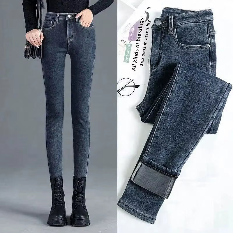 Women'S High Waist Fleece Lined Slim Fit Jeans Elastic Ankle Length Pencil Pants Trendy Spring Autumn Winter New Arrival