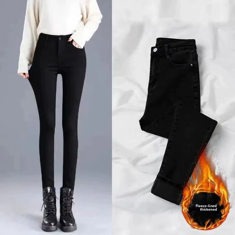 Women'S High Waist Fleece Lined Slim Fit Jeans Elastic Ankle Length Pencil Pants Trendy Spring Autumn Winter New Arrival