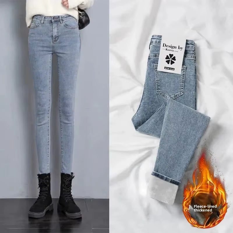 Women'S High Waist Fleece Lined Slim Fit Jeans Elastic Ankle Length Pencil Pants Trendy Spring Autumn Winter New Arrival