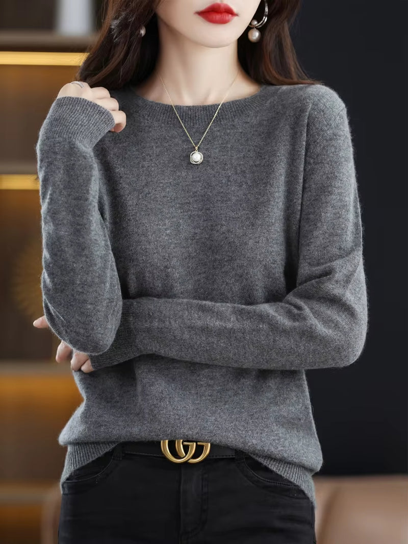 Fashion 100% Merino Wool Women'S Sweater O-Neck Long Sleeve Pullover Spring Autumn Winter Basic Jumper Clothing Knitwear Tops
