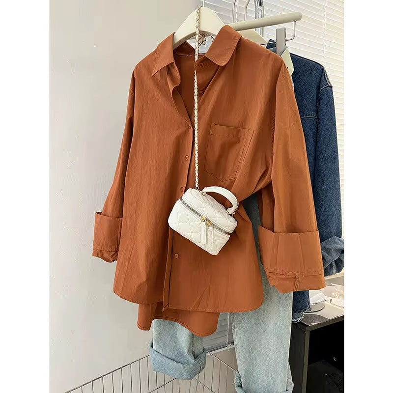 Blue Women'S Shirt Jacket Spring Autumn Loose Long Sleeve Casual Layering Top Small Size Design Sense Pure Color Button Up