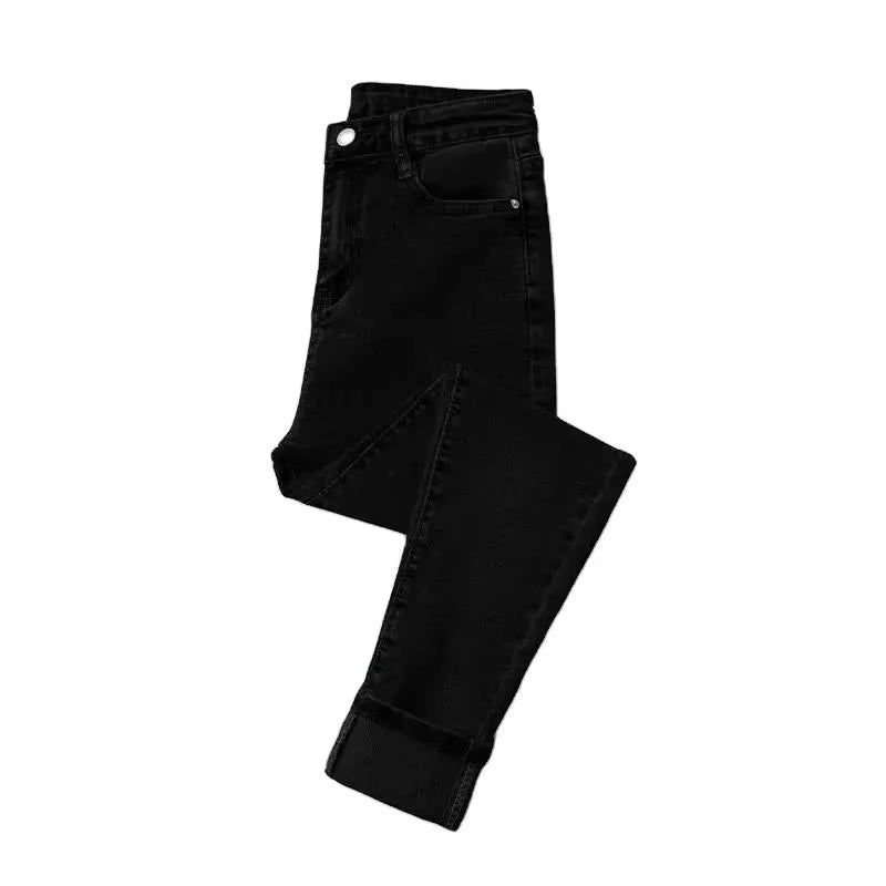 Women'S High Waist Fleece Lined Slim Fit Jeans Elastic Ankle Length Pencil Pants Trendy Spring Autumn Winter New Arrival