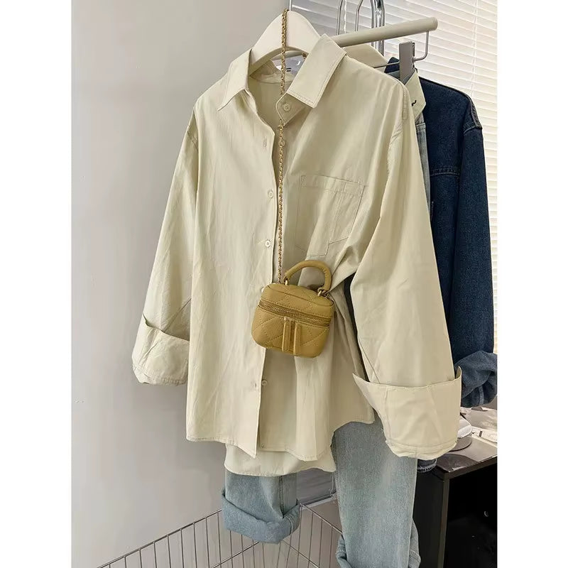 Blue Women'S Shirt Jacket Spring Autumn Loose Long Sleeve Casual Layering Top Small Size Design Sense Pure Color Button Up
